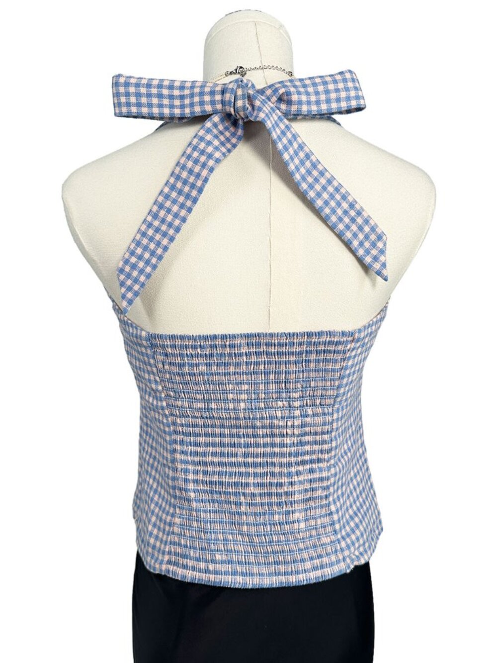Reformation Malika Linen Top Stellar Check Blue Gingham Halter Bow Tie 6